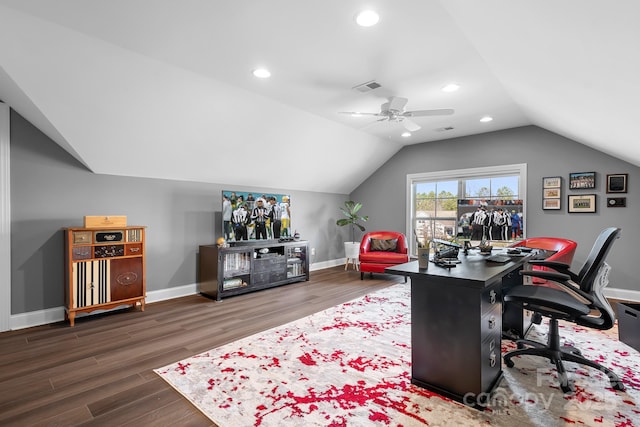 office area featuring lofted ceiling, dark hardwood / wood-style floors, and ceiling fan