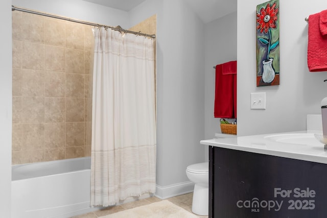 full bathroom with tile patterned flooring, vanity, shower / bathtub combination with curtain, and toilet