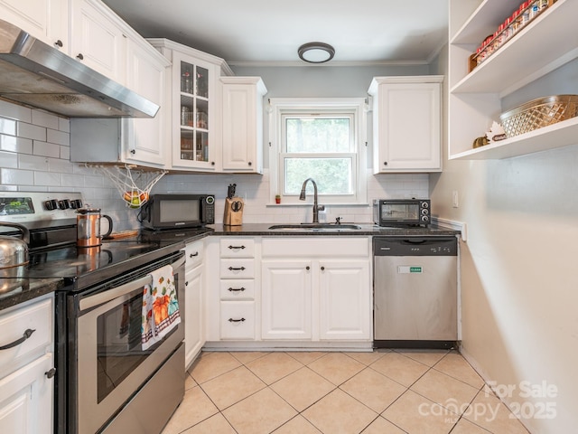 kitchen featuring sink, crown molding, appliances with stainless steel finishes, white cabinetry, and decorative backsplash