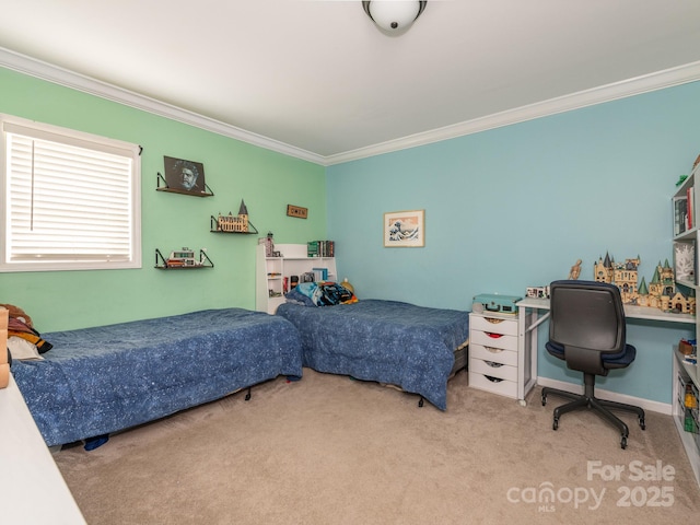 carpeted bedroom with crown molding