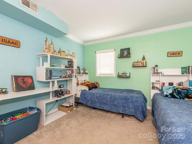 carpeted bedroom featuring ornamental molding