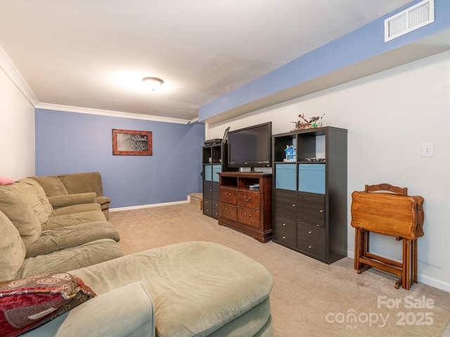 carpeted living room with crown molding