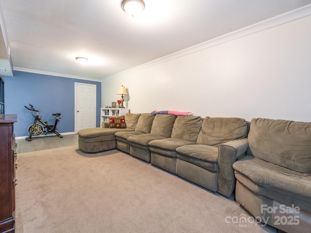 living room featuring light tile patterned floors and ornamental molding