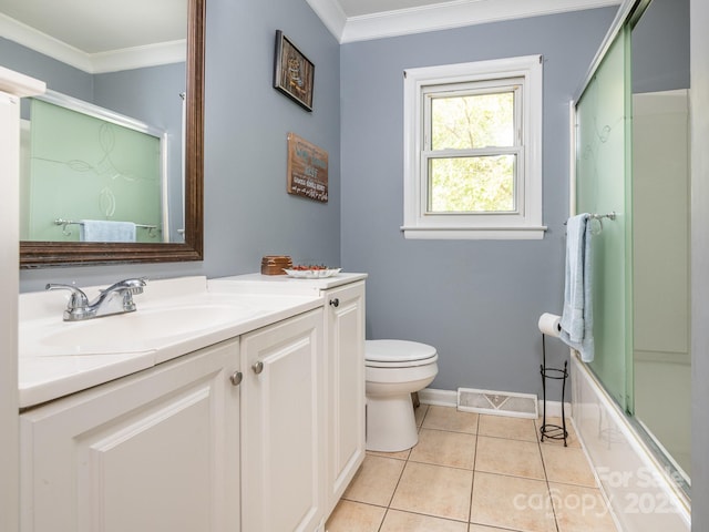 full bathroom with tile patterned flooring, crown molding, vanity, and toilet