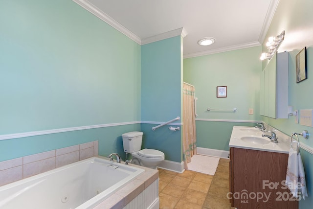 bathroom with toilet, crown molding, vanity, tiled tub, and tile patterned flooring