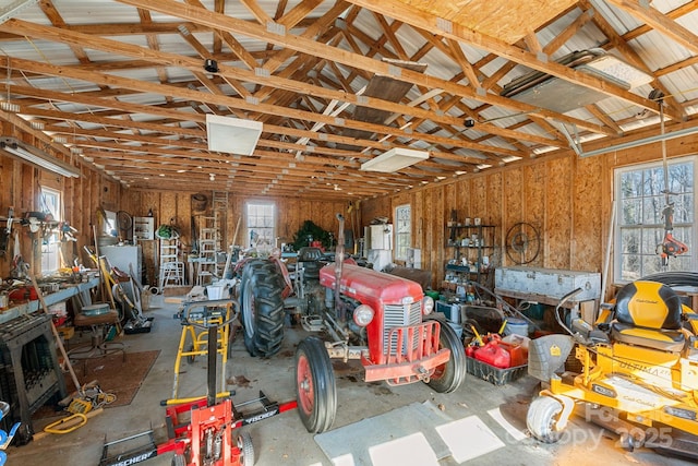 garage with a workshop area