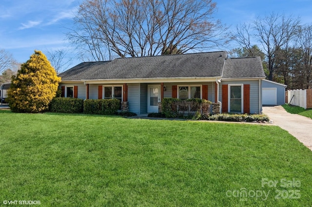 single story home featuring a garage, covered porch, roof with shingles, and a front yard