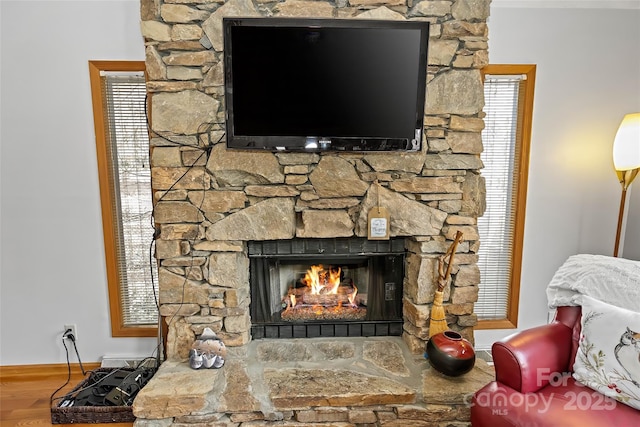 details featuring hardwood / wood-style floors and a stone fireplace