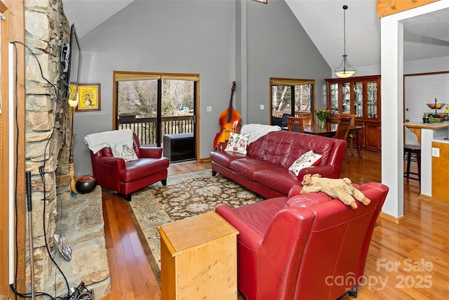 living room featuring hardwood / wood-style flooring and high vaulted ceiling