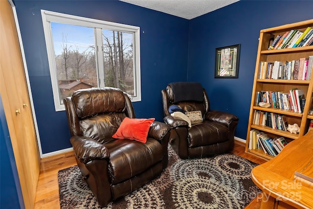 sitting room with wood-type flooring and a textured ceiling