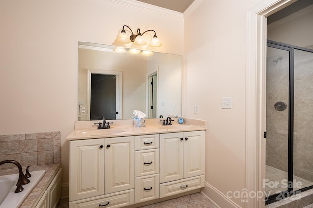 bathroom featuring crown molding, vanity, separate shower and tub, and tile patterned flooring