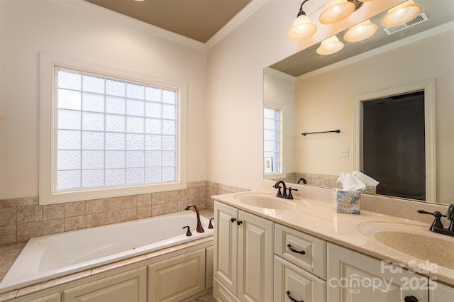 bathroom featuring crown molding, vanity, and a tub to relax in