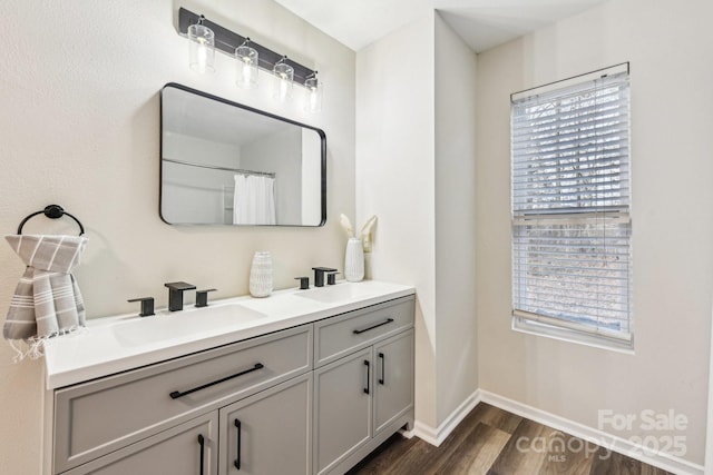 bathroom featuring hardwood / wood-style flooring and vanity