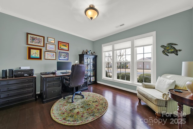 office featuring crown molding and dark hardwood / wood-style floors