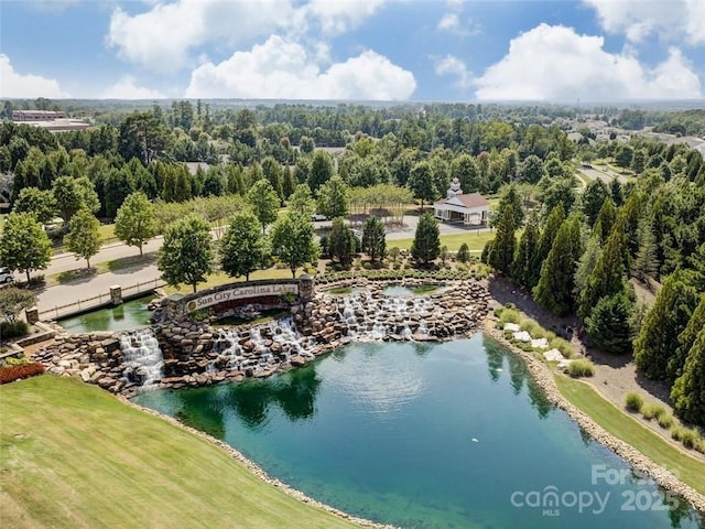 drone / aerial view with a water view