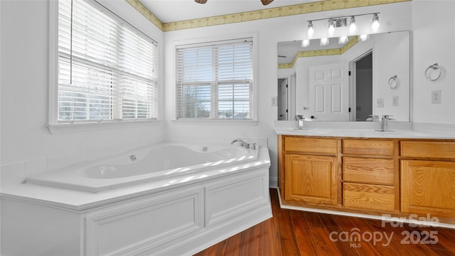 bathroom featuring vanity, a tub, and hardwood / wood-style floors