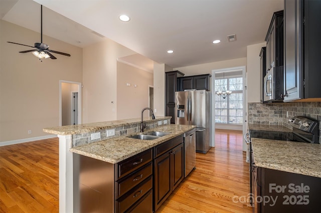 kitchen featuring sink, tasteful backsplash, a center island with sink, appliances with stainless steel finishes, and light hardwood / wood-style floors