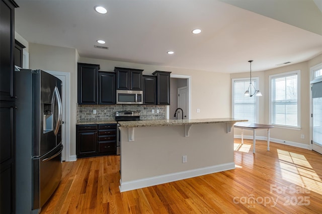 kitchen with stainless steel appliances, a kitchen island with sink, a breakfast bar area, and decorative backsplash