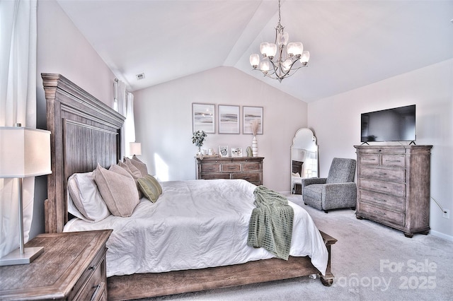 carpeted bedroom with lofted ceiling and an inviting chandelier