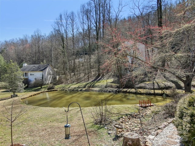 view of yard featuring a forest view