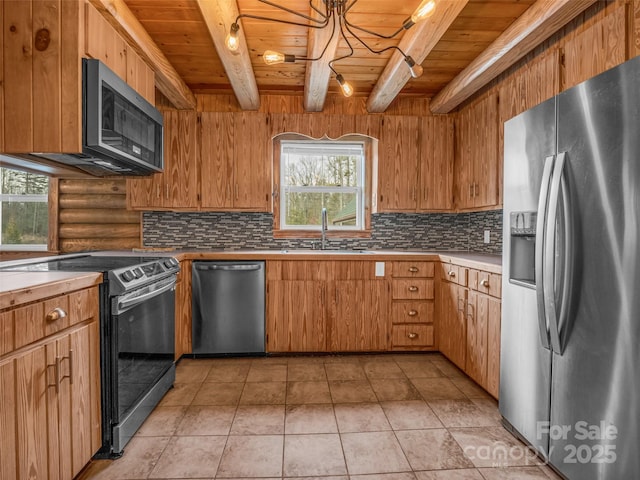 kitchen featuring stainless steel appliances, beam ceiling, sink, and wooden ceiling