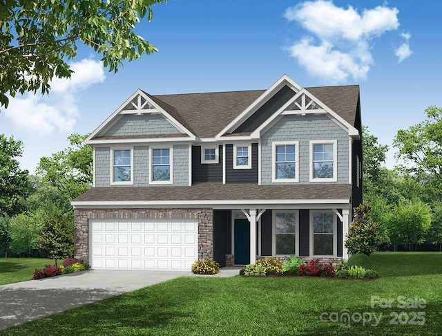 craftsman-style home with a garage, driveway, stone siding, roof with shingles, and a front yard