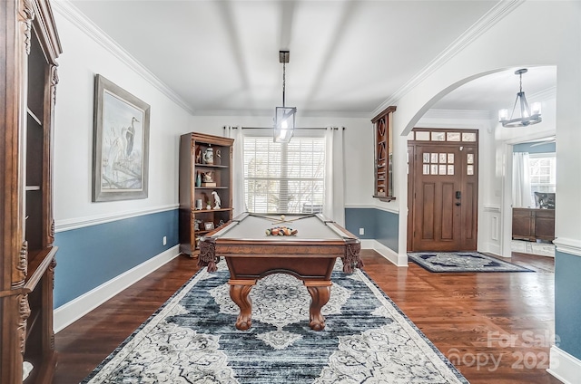 rec room with crown molding, dark hardwood / wood-style floors, and pool table