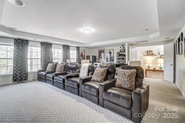 cinema room featuring light colored carpet and a raised ceiling