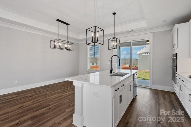 kitchen featuring sink, white cabinetry, hanging light fixtures, a tray ceiling, and an island with sink