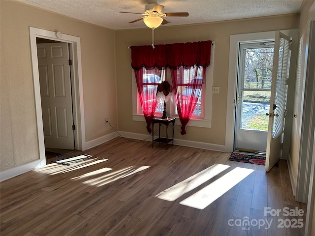 interior space with hardwood / wood-style flooring, ceiling fan, and a textured ceiling