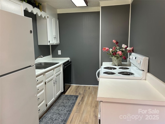 kitchen with sink, light wood-type flooring, white cabinets, white appliances, and a textured ceiling