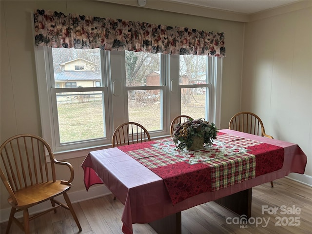 dining space with plenty of natural light and light hardwood / wood-style flooring