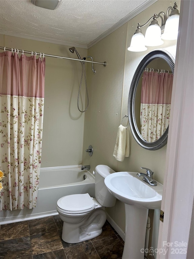 bathroom featuring toilet, ornamental molding, shower / bathtub combination with curtain, and a textured ceiling