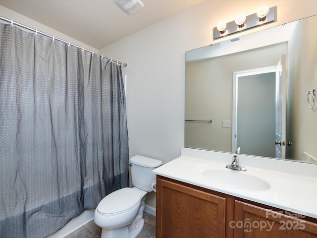 full bathroom with vanity, toilet, and shower / bathtub combination with curtain