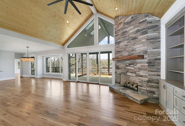 unfurnished living room featuring wooden ceiling, a healthy amount of sunlight, and light wood-type flooring