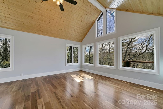 unfurnished sunroom featuring vaulted ceiling, wooden ceiling, and ceiling fan