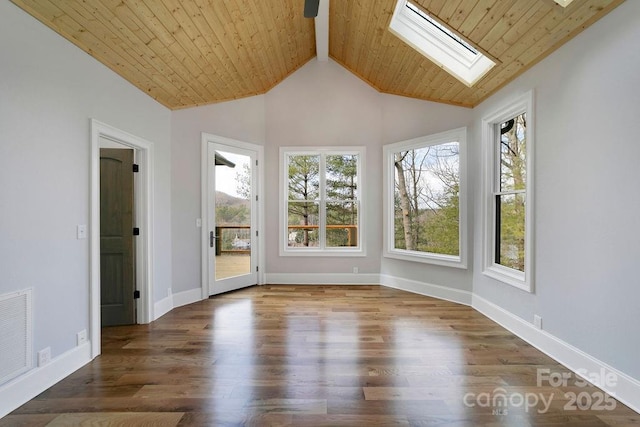 unfurnished sunroom with lofted ceiling with skylight and wood ceiling