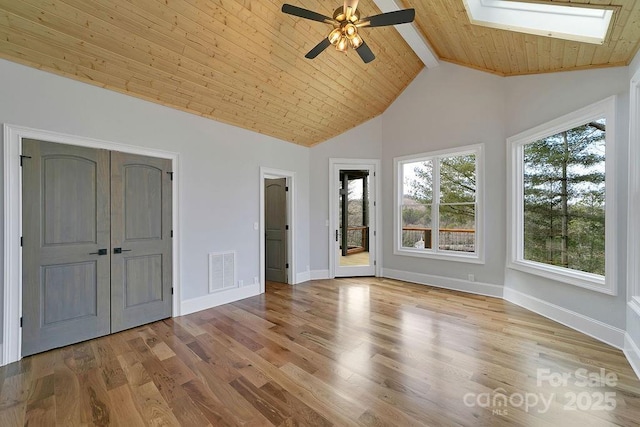 unfurnished bedroom with ceiling fan, a skylight, high vaulted ceiling, light hardwood / wood-style floors, and wooden ceiling