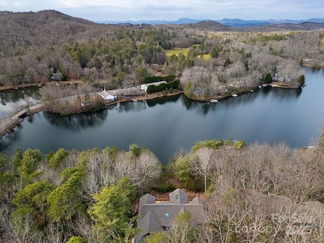 aerial view featuring a water and mountain view