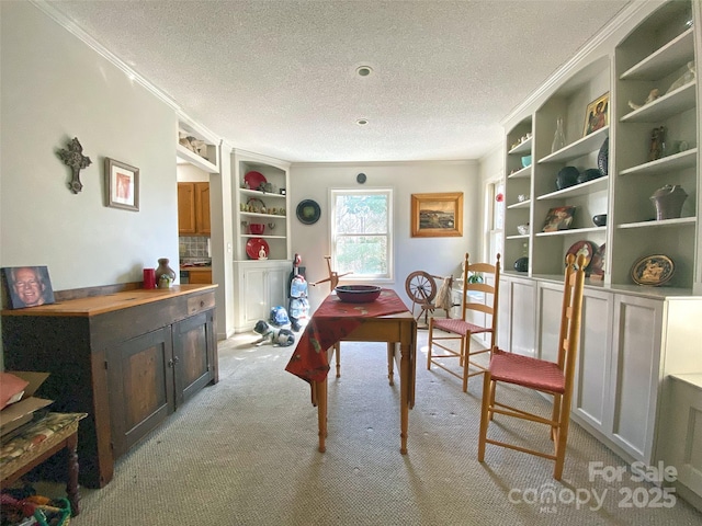 office featuring a textured ceiling, built in shelves, light carpet, and crown molding