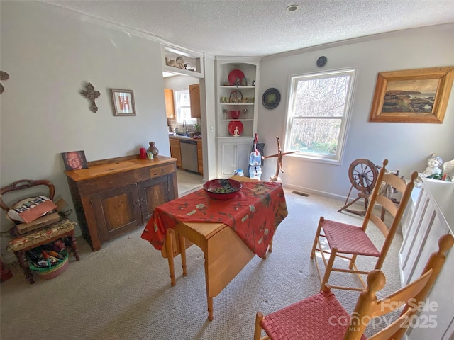 living area with visible vents, a textured ceiling, and light colored carpet