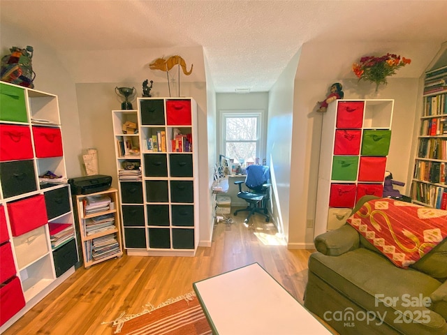 playroom with a textured ceiling and wood finished floors