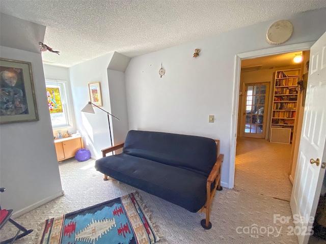 sitting room featuring plenty of natural light, carpet, baseboards, and a textured ceiling