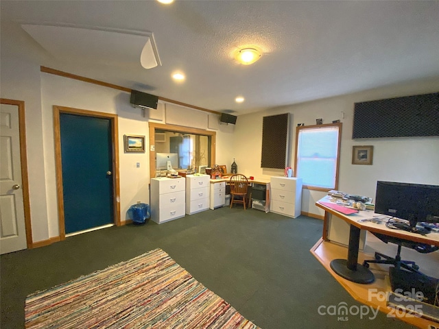 office area featuring baseboards, dark carpet, and recessed lighting