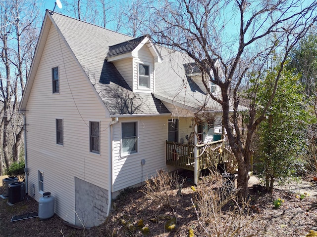 view of home's exterior featuring roof with shingles and central air condition unit