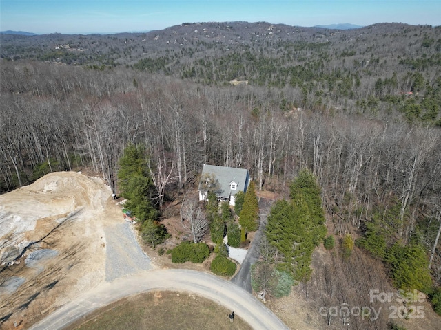 drone / aerial view with a mountain view and a view of trees