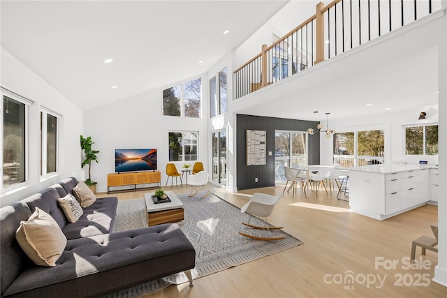 living room featuring an inviting chandelier, light hardwood / wood-style floors, and a high ceiling