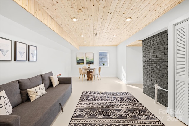 living room featuring wooden ceiling