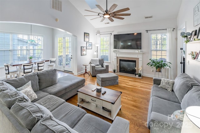 living room featuring vaulted ceiling, ceiling fan, and light wood-type flooring