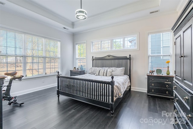 bedroom with crown molding, dark hardwood / wood-style flooring, and a raised ceiling